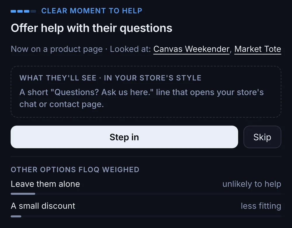 Floq's suggestion card: Clear moment to help. Offer help with their questions. Now on a product page, looked at Canvas Weekender and Market Tote. Other options weighed: leave them alone, unlikely to help; a small discount, less fitting